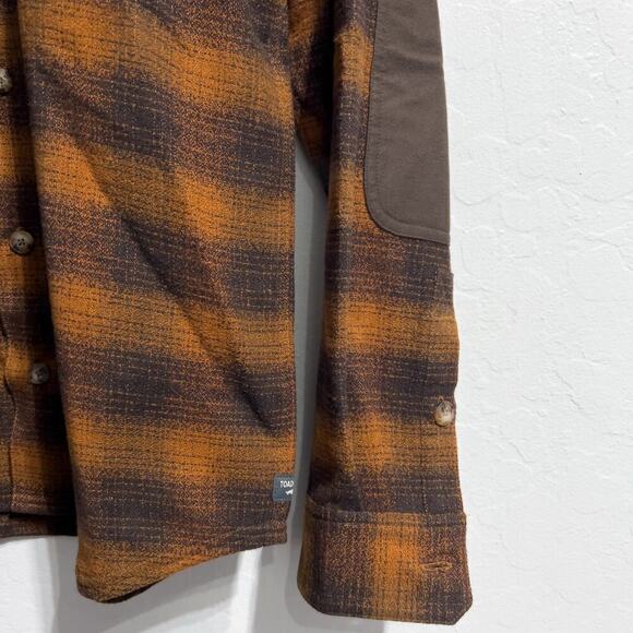 TOAD&CO Shirt Mens Small Button Down Wool Brown Plaid Elbow Patch Shacket - Picture 2 of 6